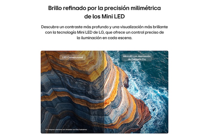LG QNED AI QNED74 Mini LED highlights how its Mini LED reveals sharper rock textures and clearer ocean detail than conventional LED in a split coastal cliff scene, delivering deeper blacks and more refined contrast for greater clarity and depth.